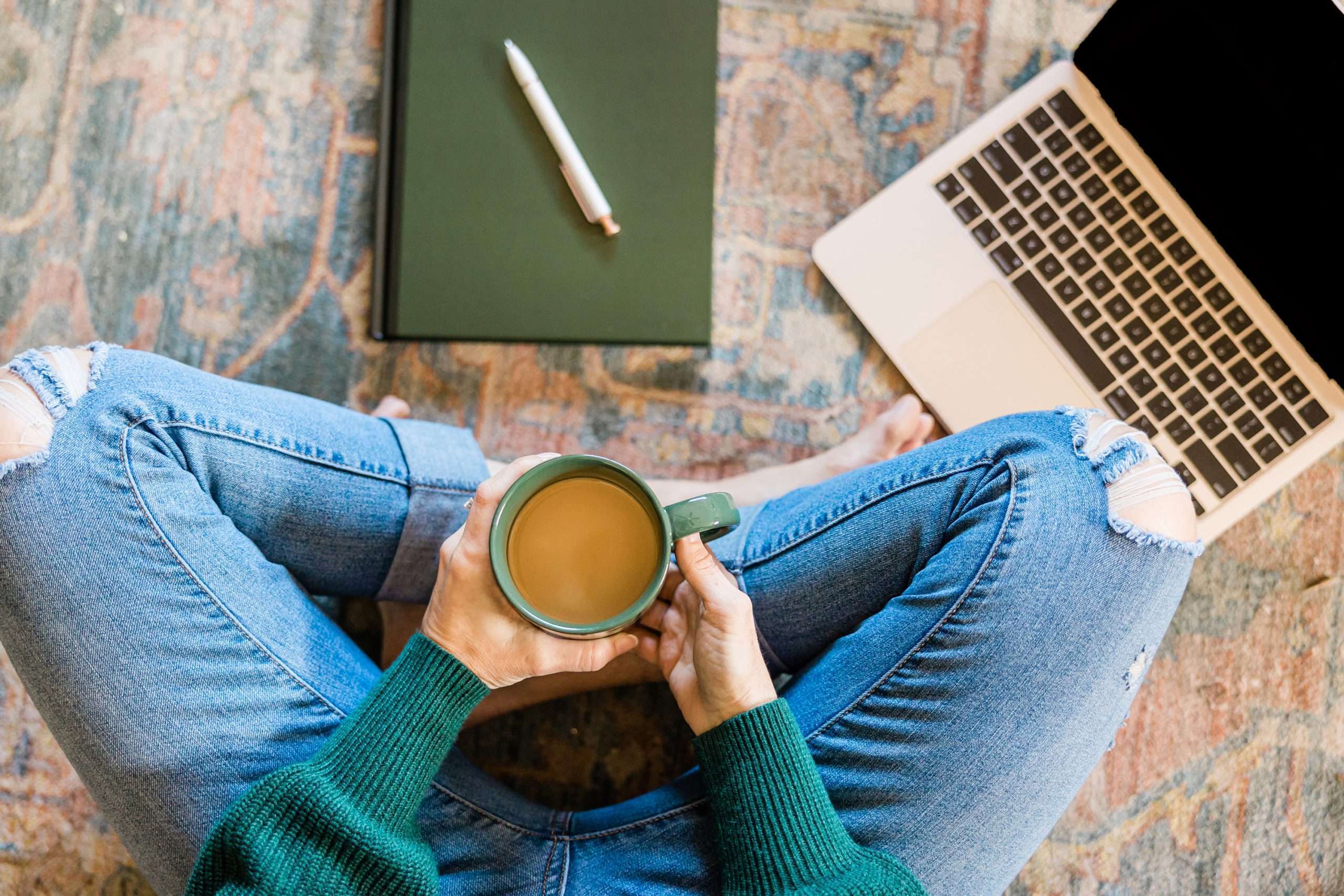 Girl enjoys work-life balance with coffee